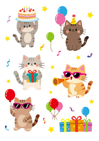 卡通风猫咪生日派对场景手账贴纸插画素材 卡通风猫咪生日派对场景手账贴纸插画素材