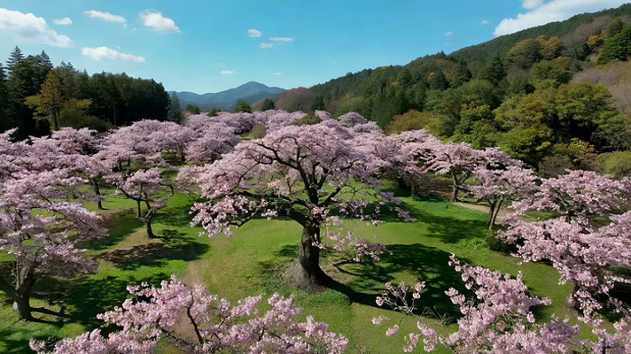空中俯瞰盛开的樱花树林 空中俯瞰盛开的樱花树林