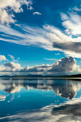 蓝天白云下平静湖面自然风光 蓝天白云下平静湖面自然风光