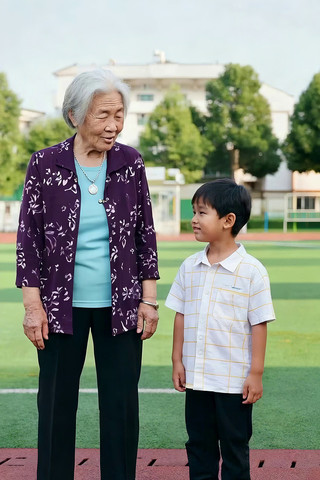 老人与儿童在操场互动 老人与儿童在操场互动