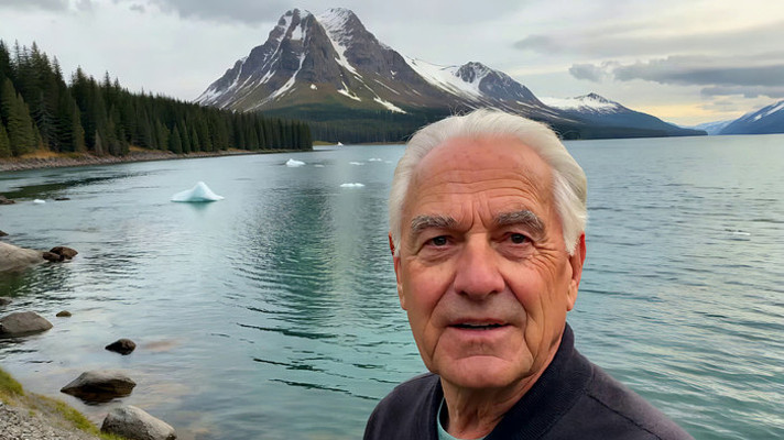 老人于湖边雪山前的侧影 老人于湖边雪山前的侧影