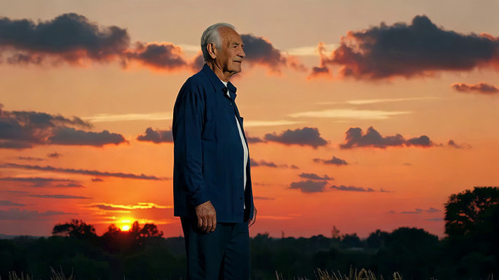 老人于日落时分站立田野 老人于日落时分站立田野