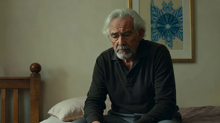 老人坐在床上神情凝重 老人坐在床上神情凝重