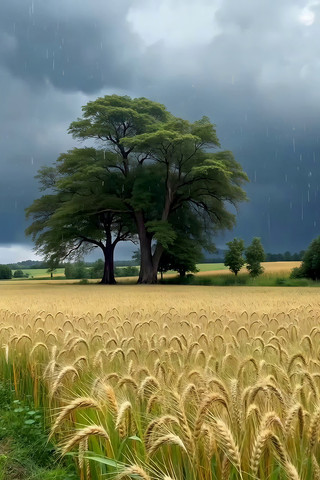 麦田大树与阴沉天空景观 麦田大树与阴沉天空景观