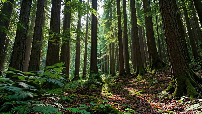 茂密森林阳光穿透树木景象 茂密森林阳光穿透树木景象