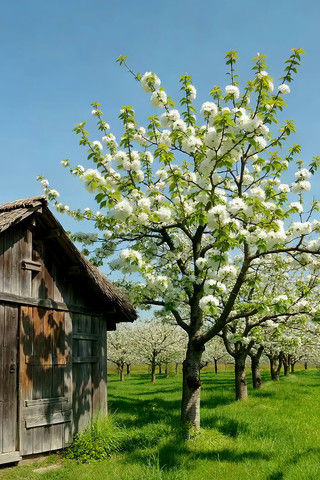 木屋旁盛开的梨花树田园风光 木屋旁盛开的梨花树田园风光