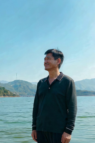 男子湖畔站立眺望 男子湖畔站立眺望