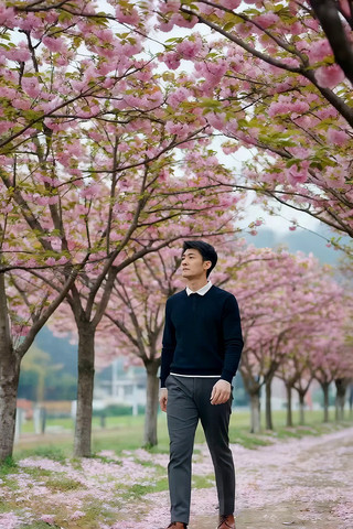 男子漫步樱花小道 男子漫步樱花小道