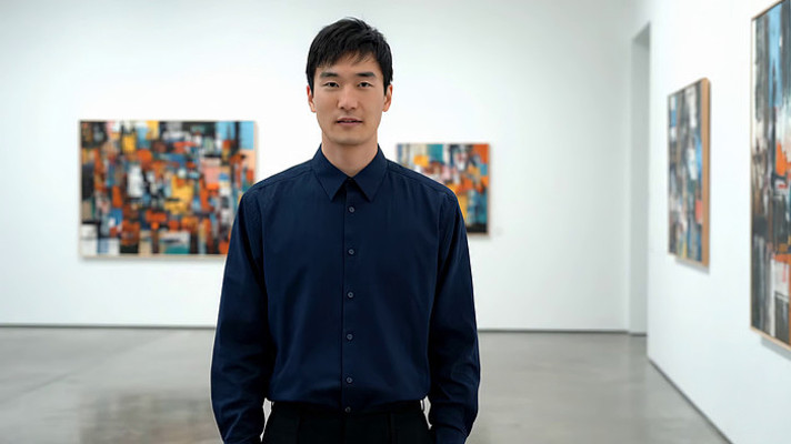 男子在美术馆内站立微笑 男子在美术馆内站立微笑