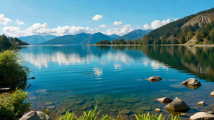 宁静湖泊与远山森林风景 宁静湖泊与远山森林风景