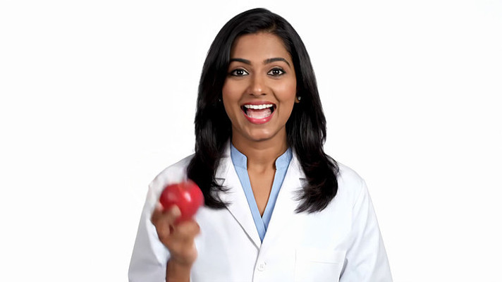 女医生手持红苹果微笑 女医生手持红苹果微笑