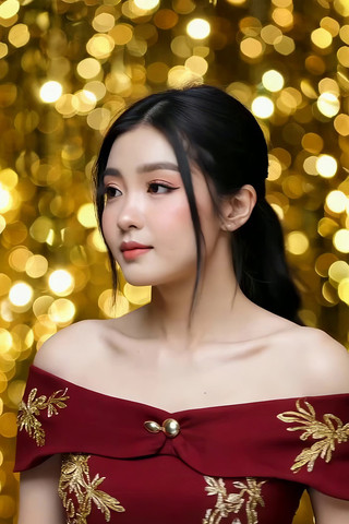 女子身着红裙背对金色光斑 女子身着红裙背对金色光斑