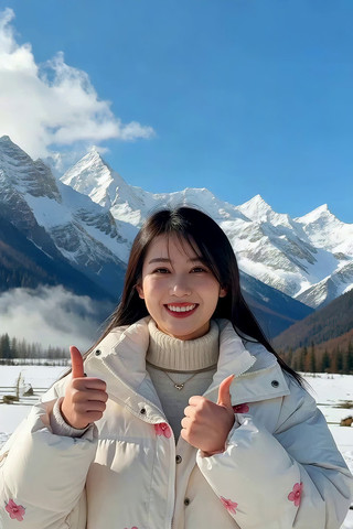 女子雪山前竖大拇指 女子雪山前竖大拇指