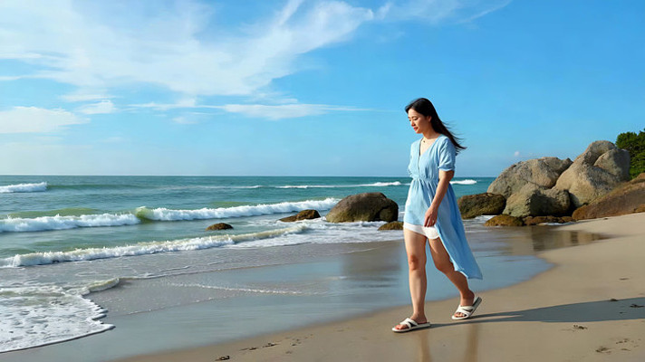 女子在海边沙滩漫步 女子在海边沙滩漫步