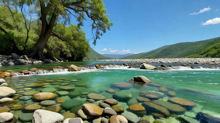 清澈河流与岸边绿树自然景观 清澈河流与岸边绿树自然景观