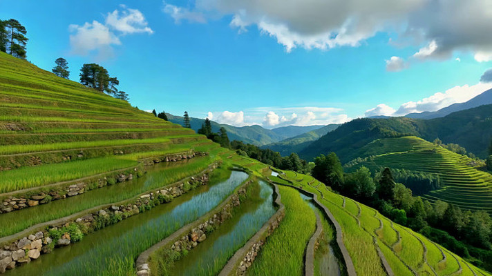 青山间的绿色梯田风光 青山间的绿色梯田风光