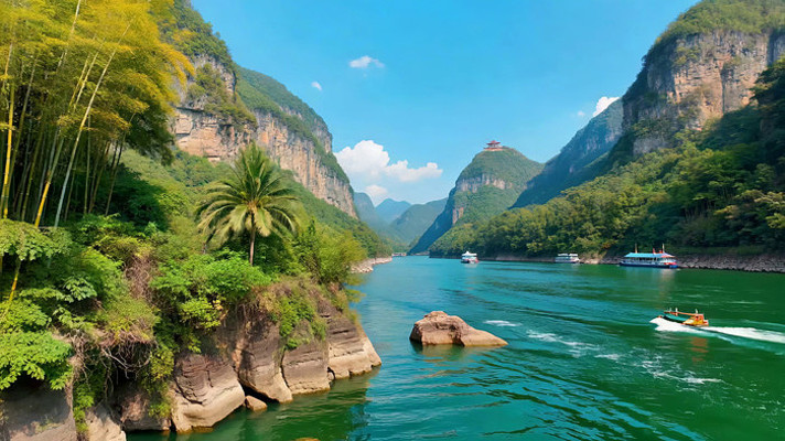 青山绿水间河流与游船景象 青山绿水间河流与游船景象