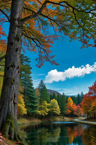 秋季湖畔多彩树林风景 秋季湖畔多彩树林风景