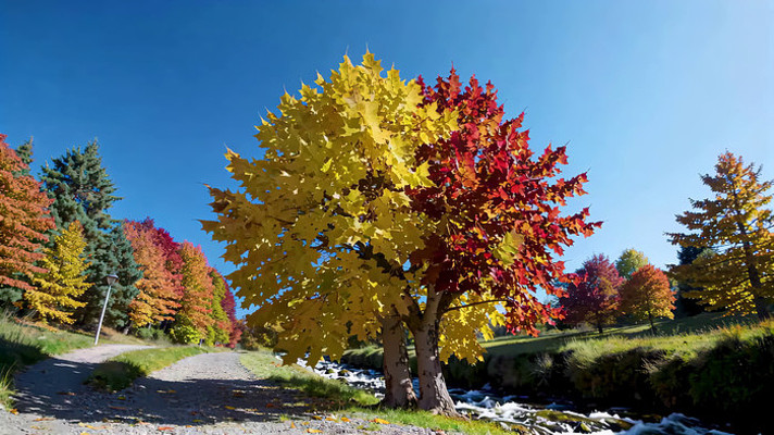 秋日多彩树木与溪流风景 秋日多彩树木与溪流风景