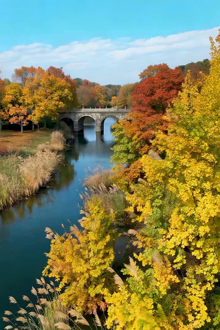 秋日河流石桥风景 秋日河流石桥风景