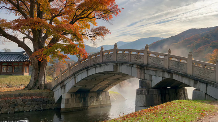 秋日石桥旁枫树自然风光 秋日石桥旁枫树自然风光