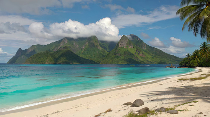 热带海滩与远山风景 热带海滩与远山风景