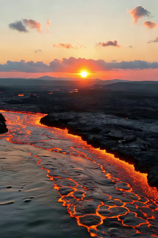 日落时流动的火山熔岩景观 日落时流动的火山熔岩景观