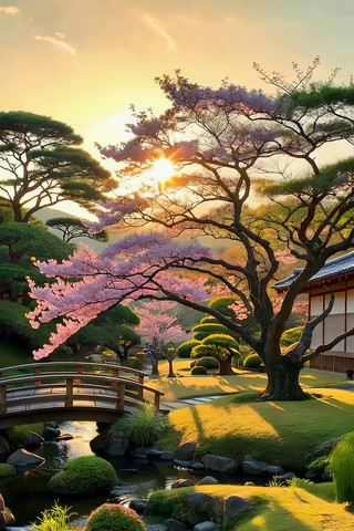 日式园林樱花树夕阳景观 日式园林樱花树夕阳景观