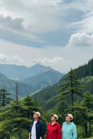 三人在山间眺望风景 三人在山间眺望风景