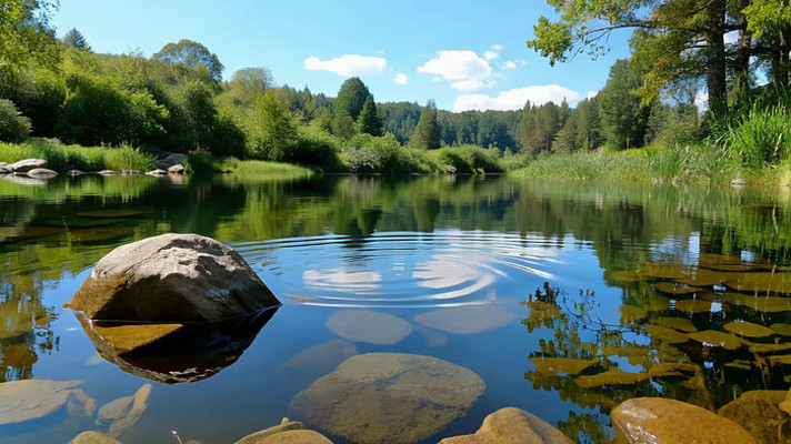森林边河流中的石头与倒影 森林边河流中的石头与倒影