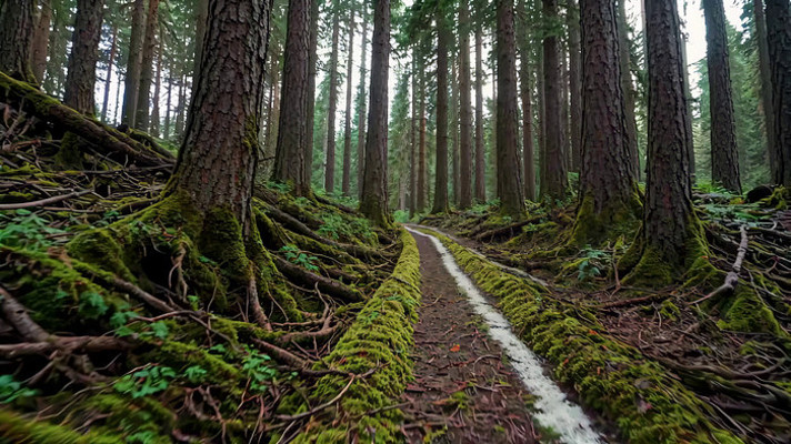 森林中布满苔藓的林间小径 森林中布满苔藓的林间小径