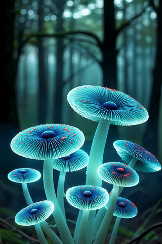 森林中的蓝紫色发光蘑菇 森林中的蓝紫色发光蘑菇