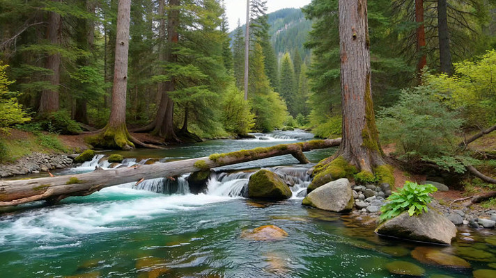 森林中河流与倒下树木的景象 森林中河流与倒下树木的景象