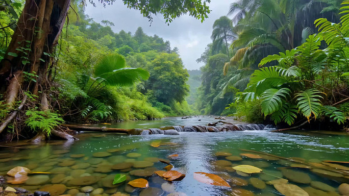 森林中清澈溪流自然景象 森林中清澈溪流自然景象