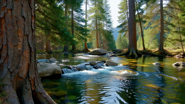 森林中溪流潺潺的自然景象 森林中溪流潺潺的自然景象