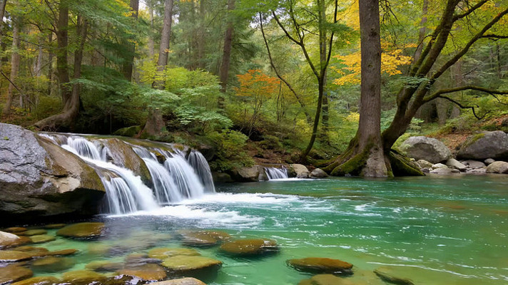 森林中溪流瀑布自然景观 森林中溪流瀑布自然景观