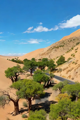 沙漠公路旁绿树自然风光 沙漠公路旁绿树自然风光