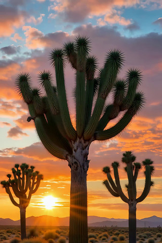 沙漠仙人掌日落自然风光 沙漠仙人掌日落自然风光