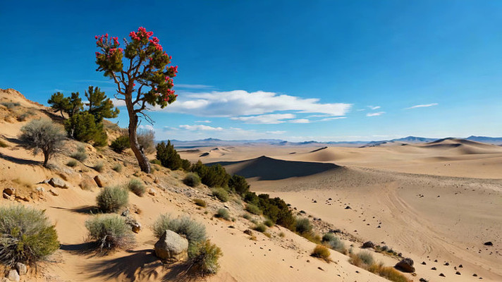沙漠中长有红花的树木景观 沙漠中长有红花的树木景观