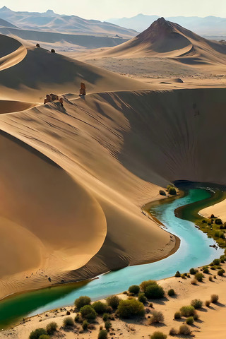 沙漠中的河流与沙丘景观 沙漠中的河流与沙丘景观