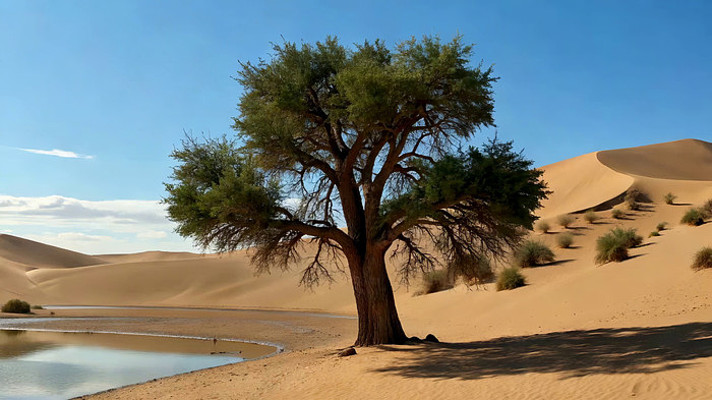 沙漠中胡杨树与水域景观 沙漠中胡杨树与水域景观