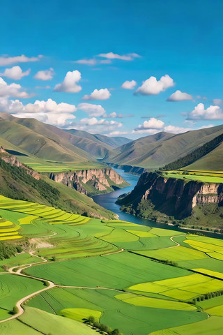 山谷间田园河流自然风光 山谷间田园河流自然风光