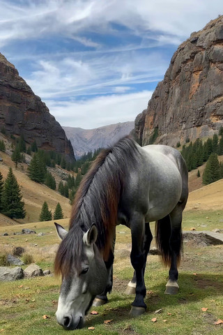 山谷中马匹低头吃草场景 山谷中马匹低头吃草场景