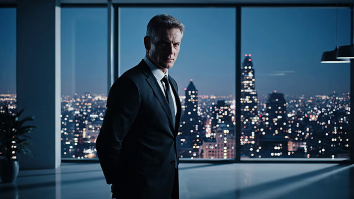 商务男士办公室眺望城市夜景 商务男士办公室眺望城市夜景