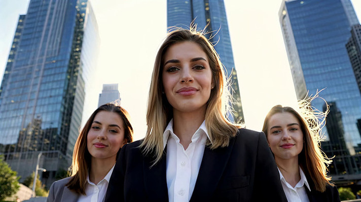 商务女性于城市高楼前合影 商务女性于城市高楼前合影