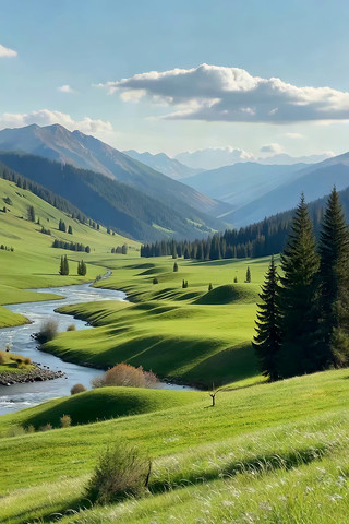 山间草地河流自然风光 山间草地河流自然风光