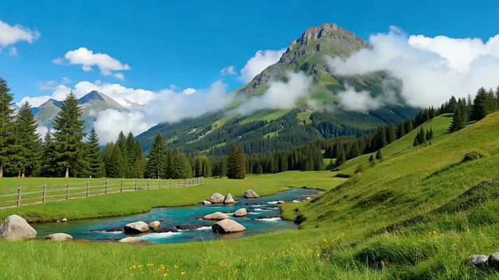 山间草地溪流自然风光 山间草地溪流自然风光