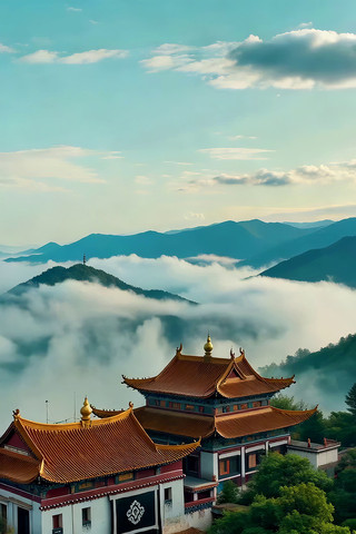 山间古建筑与云海风景 山间古建筑与云海风景