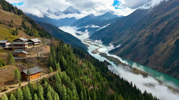山间河谷森林与民居风景 山间河谷森林与民居风景
