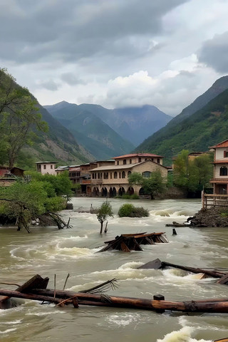 山间河流旁的民居风景 山间河流旁的民居风景